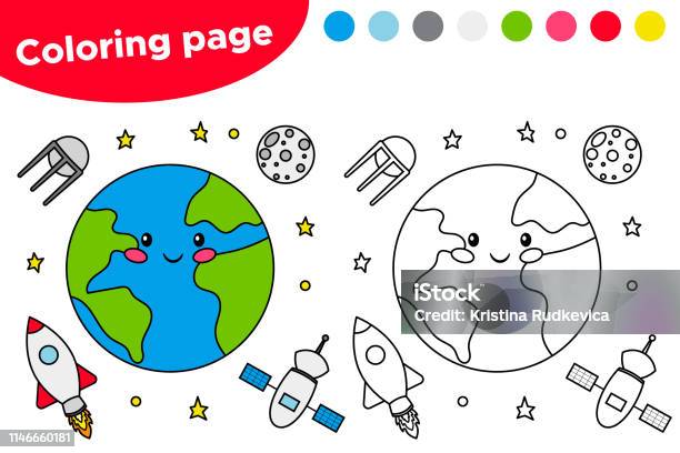 Printable Coloring Page With The Earth Satellite Moon And Rocket Stock Illustration - Download Image Now