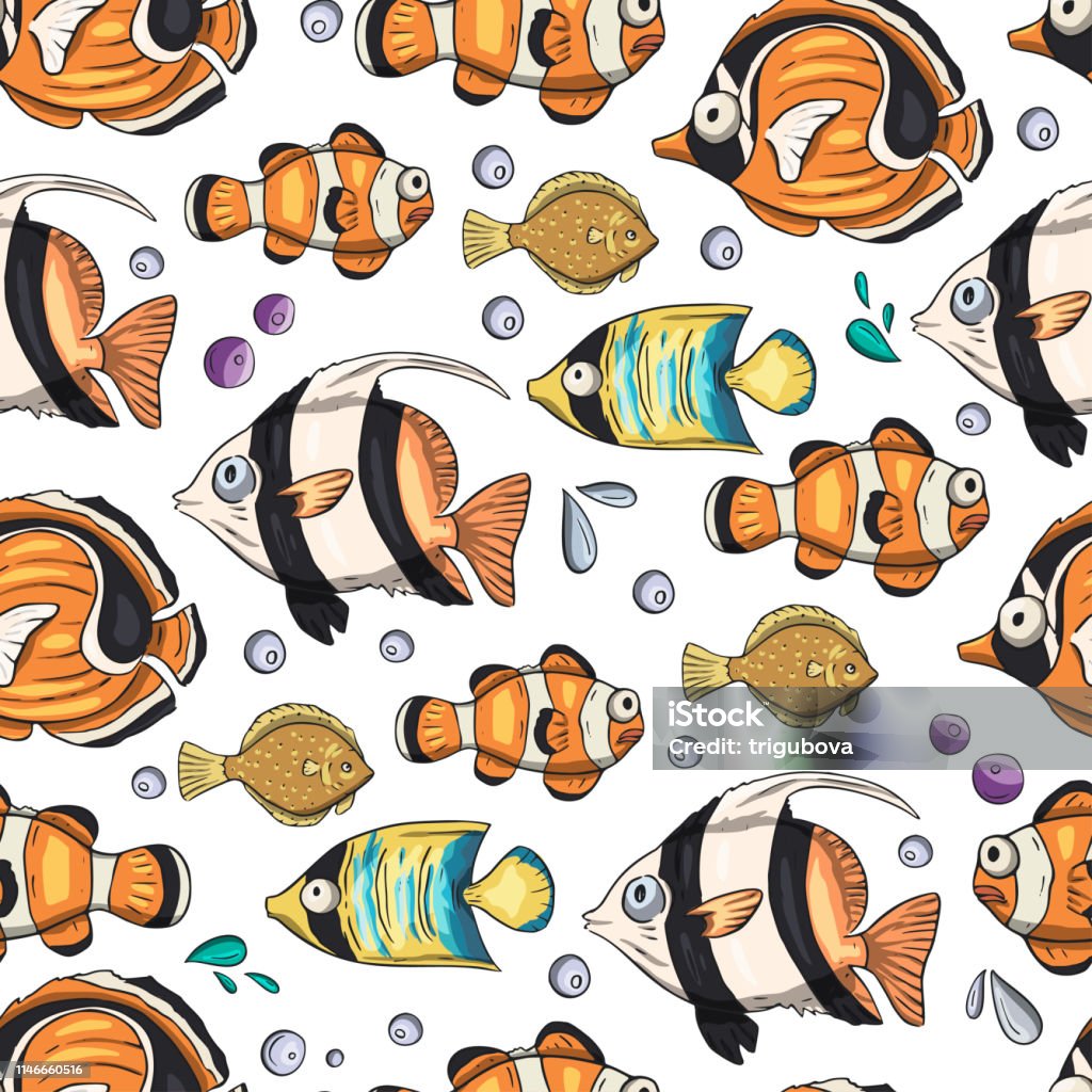 Sea seamless vector pattern with fishes. Sea seamless vector pattern. Ocean tropical exotic illustration with tropical underwater animals - angel fish, clown fish, moorish idol. Marine life. Sea background vector illustration. Angelfish stock vector