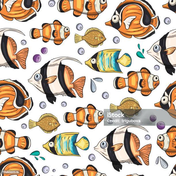 Sea Seamless Vector Pattern With Fishes Stock Illustration - Download Image Now - Angelfish, Animal, Animal Wildlife