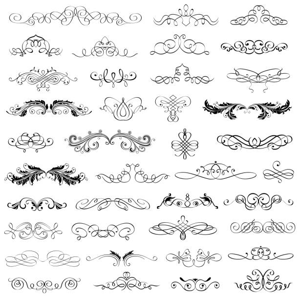 illustrazioni stock, clip art, cartoni animati e icone di tendenza di big collection calligraphic e fiorisce elementi - swirl floral pattern scroll shape pattern