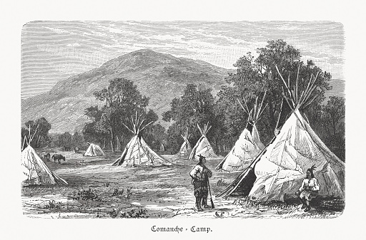 Comanche Camp. Native American people. Wood engraving, published in 1897.