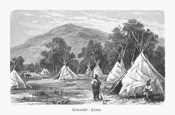 Comanche Camp, native American people, wood engraving, published in 1897 Comanche Camp. Native American people. Wood engraving, published in 1897. comanche indians stock illustrations
