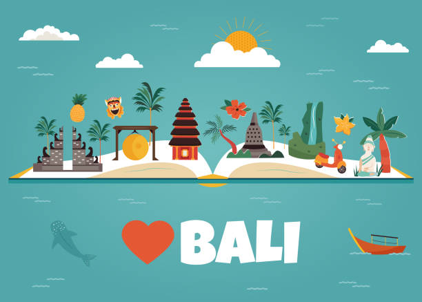 bali podróży banner ze słynnymi punktami orientacyjnymi. - bali cartography map island stock illustrations