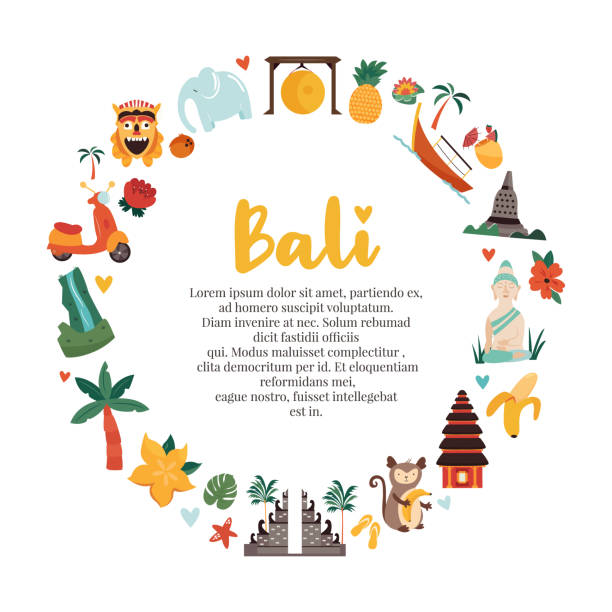 illustrazioni stock, clip art, cartoni animati e icone di tendenza di illustrazione di cartoni animati con monumenti famosi di bali, simboli - indonesia
