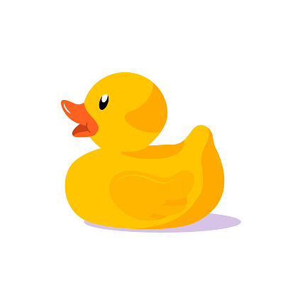 Rubber duck vector illustration. Yellow rubber duck children toy isolated on white background. Flat design.