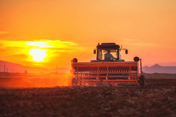 istock Farmer with tractor seeding crops at field on sunset 1146671411