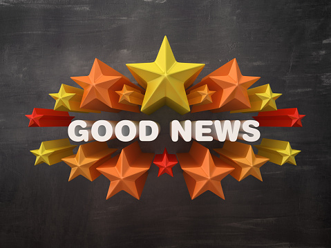 Colorful Stars with GOOD NEWS Phrase on Chalkboard Background - 3D Rendering