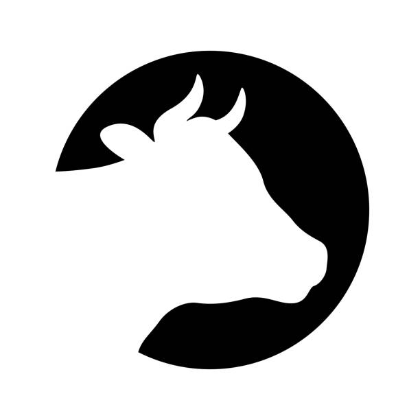 Cow symbol Sign head cow. Icon cow. Isolated white silhouette head cow in the circle on black background. Vector illustration silhouette of a cowboys logo pic stock illustrations
