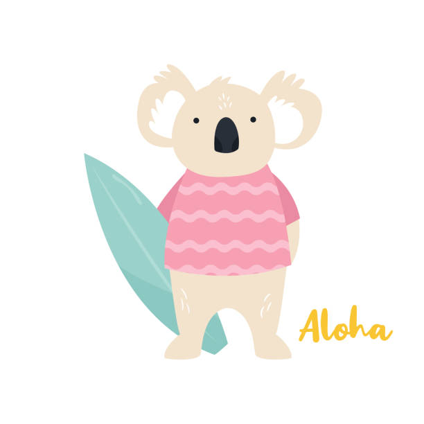 illustrations, cliparts, dessins animés et icônes de illustration de koala de plage. concept animal surfeur. illustration de vecteur d’été - koala australia cute animal