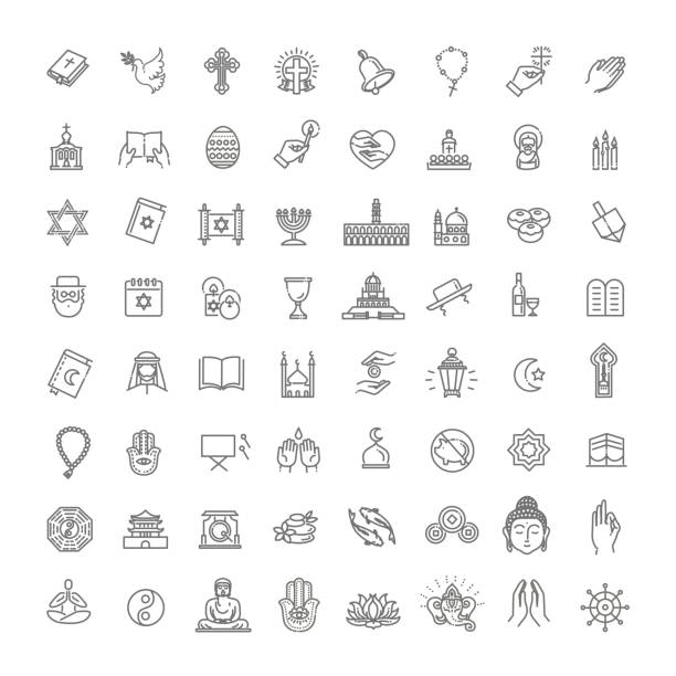 ilustraciones, imágenes clip art, dibujos animados e iconos de stock de los iconos de religión vectorial establecen un estilo delgado. vector - religious heritage