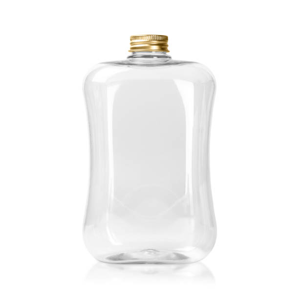 istock Empty plastic bottle with gold cap isolated on white background. Clear Jar or Mason package. ( Clipping path ) 1146681698