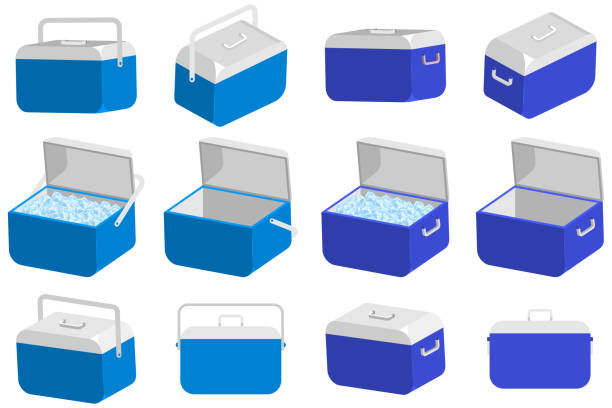 illustrazioni stock, clip art, cartoni animati e icone di tendenza di set di cartoni animati vettoriali scatola refrigeratore di ghiaccio. illustrazione portatile del frigorifero da campeggio isolata su uno sfondo bianco. - cooler