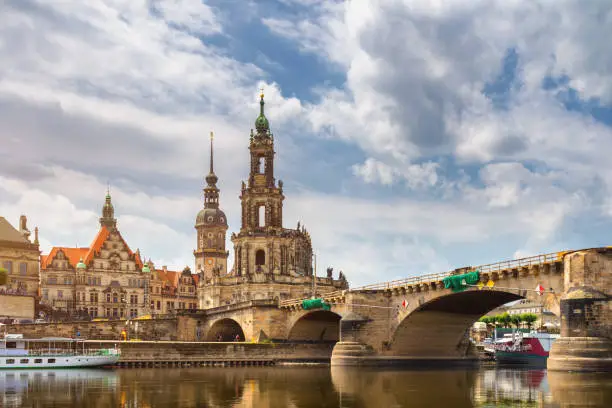 Photo of Augustus Bridge (Augustusbrucke) and Cathedral of the Holy Trinity (Hofkirche) over the River Elbe in Dresden, Germany, Saxony.