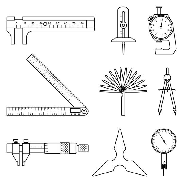 ilustrações de stock, clip art, desenhos animados e ícones de various types of measuring instrument. thin line vector icons - drawing compass caliper computer icon work tool