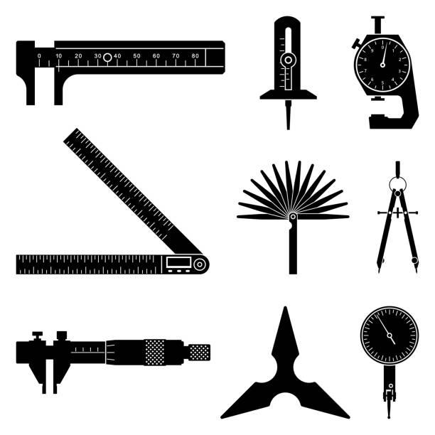 ilustrações, clipart, desenhos animados e ícones de vários tipos de instrumento de medição. ícones do vetor da silhueta - drawing compass protractor architecture caliper