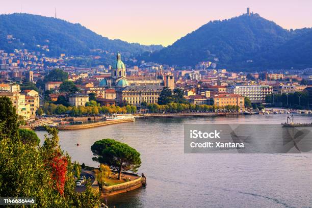 Como City Town Center On Lake Como Italy In Warm Sunset Light Stock Photo - Download Image Now