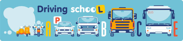 Driving School on Categories of Transport The scooter, the motorcycle, the car, microbus, the auto truck, the bus stand in a row, showing categories of training of drivers in driving school. categories vector stock illustrations