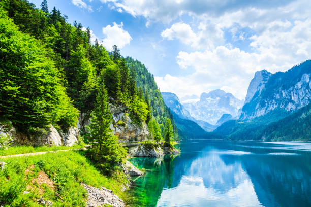 gosausee mit dachsteinigem blick-europäische alpen - austria european alps landscape lake stock-fotos und bilder