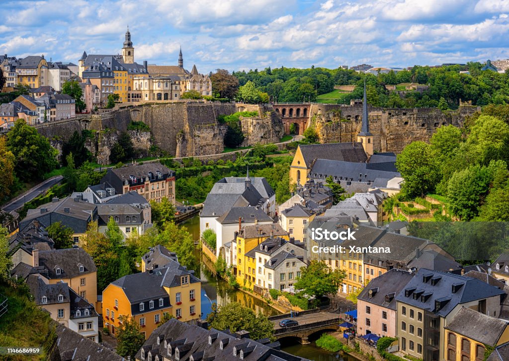 Luxembourg city, view of the Old Town and Grund Luxembourg city, the capital of Grand Duchy of Luxembourg, view of the Old Town and Grund Luxembourg City - Luxembourg Stock Photo