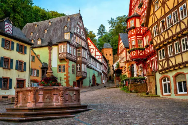 Colorful half-timbered houses in Miltenberg historical medieval Old Town, Bavaria, Germany