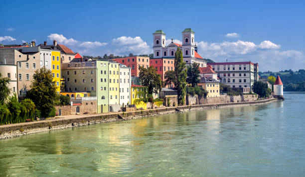 colorful traditional houses on inn river in historical old town passau, germany - inn history built structure architecture imagens e fotografias de stock