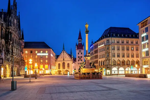 Munich Old town, Marienplatz and the Old Town Hall, Germany, in the evening light