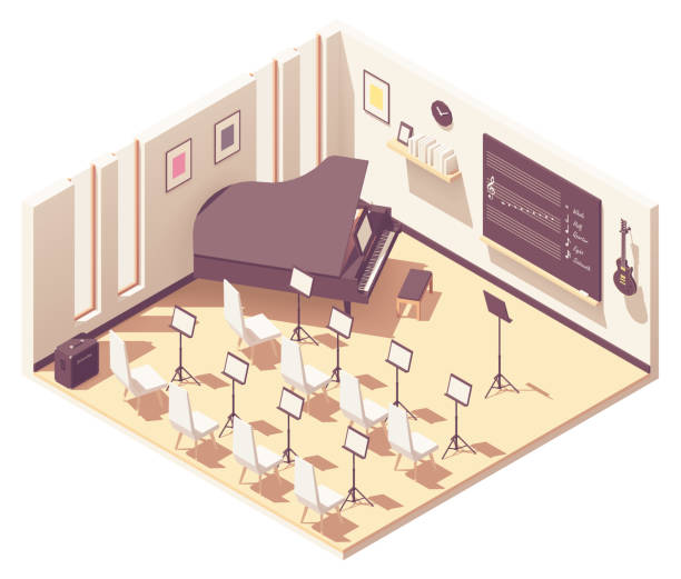 Vector isometric school music classroom Vector isometric school music classroom interior cross-section. School desks, chairs, blackboard, projector with screen music class stock illustrations