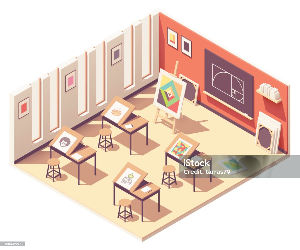 Vector isometric school art classroom Vector isometric school art classroom interior cross-section. Folding drawing and painting desks, picture on wooden easel, blackboard with golden ratio, canvases for painting Isometric Projection stock vector