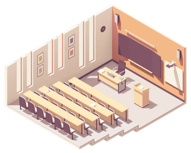 Vector isometric university lecture hall Vector isometric college or university lecture hall or theatre interior cross-section. Rows of seats, teachers table, blackboard, projector with screen, lectern or speech stand amphitheater stock illustrations