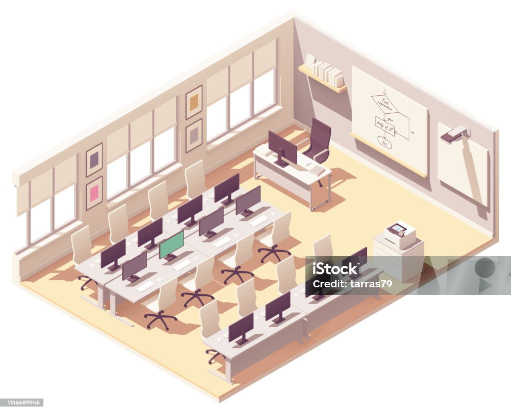 Vector isometric computer lab classroom Vector isometric school computer lab or laboratory classroom interior cross-section. Desks with computers, chairs, chalkboard, projector with screen Isometric Projection stock vector