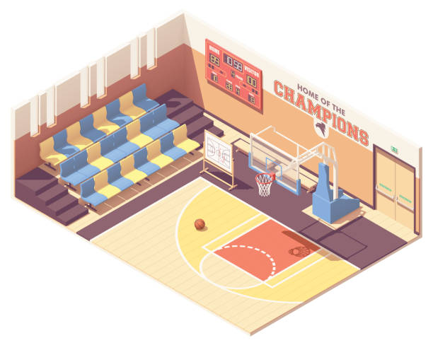 vektor isometrik gymnasium lapangan basket - court line ilustrasi stok