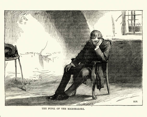 Dickens, Little Dorrit, The Pupil of the Marshalsea Vintage engraving of scene from the Charles Dickens novel, Little Dorrit. The Pupil of the Marshalsea. Illustrated by James Mahoney. charles dickens stock illustrations