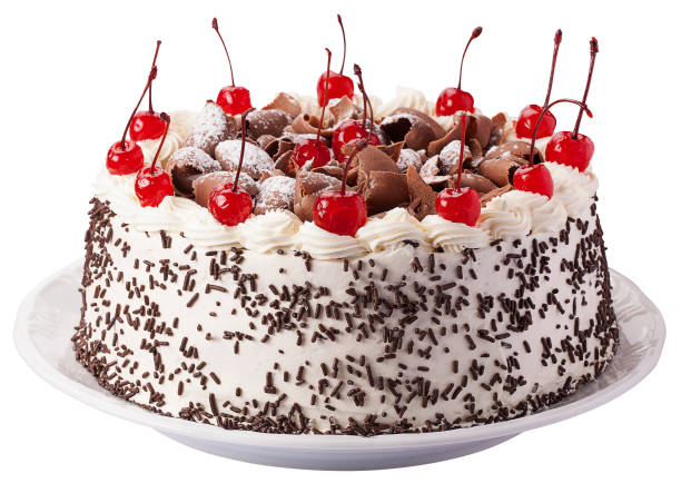 Chocolate cakes, chocolate pies, wood background, icing sugar, strawberry pie, cakes stock photo