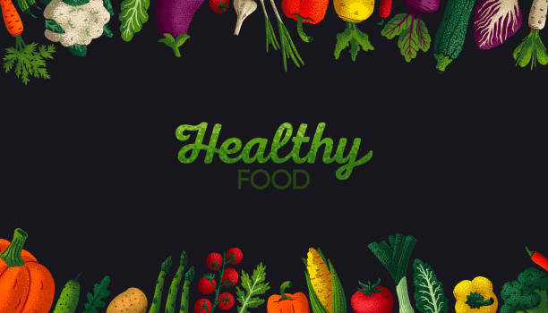 Wide horizontal Healthy food background. Copy space. Variety of decorative vegetables with grain texture on dark background. Farmers market, Organic food poster, cover or banner design. Vector. Wide horizontal Healthy food background. Copy space. Variety of decorative vegetables with grain texture on dark background. Farmers market, Organic food poster, cover or banner design. Vector supermarket borders stock illustrations