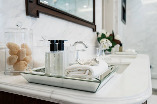 istock beautiful amenity hotel set on white marble counter in bathroomm 1146698293