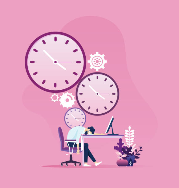 Tired businessman sleeping on a table with clock in the background Tired businessman sleeping on a table with clock in the background napping illustrations stock illustrations