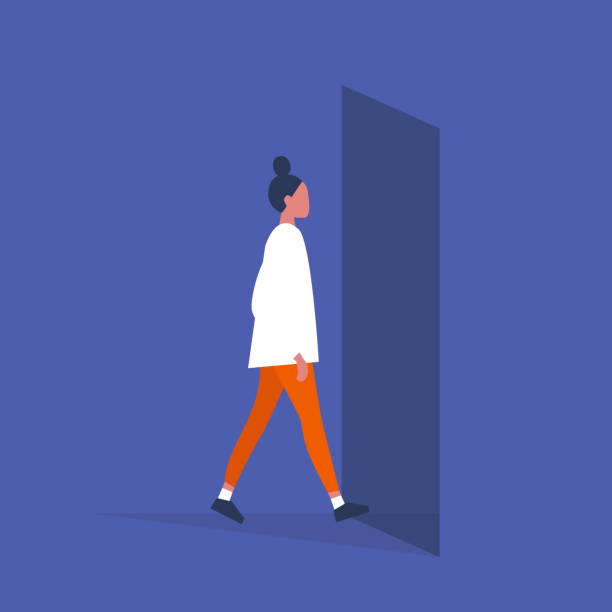 Young female character walking through a doorway. Daily life. Flat editable vector illustration, clip art