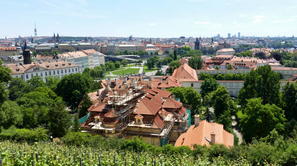 Prague, Bohemia, Czech Republic - June 7, 2016: Standing next to the Saint Wenceslas Vineyard and looking down at the old historic city of Prague on a sunny day in summer, panoramic view and horizon in the far distance, urban skyline of the capital city of the Czech Republic.