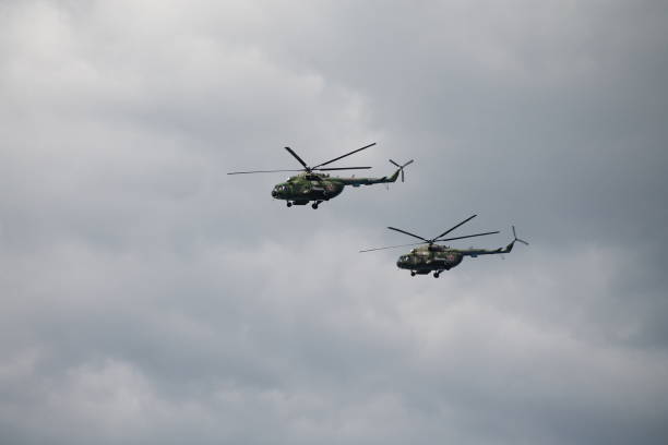 Szolnok, Hungary - August 20, 2019: Hungarian Air Force Mi-17 transport helicopter. Flight operation. Military aviation. Air mobility.
