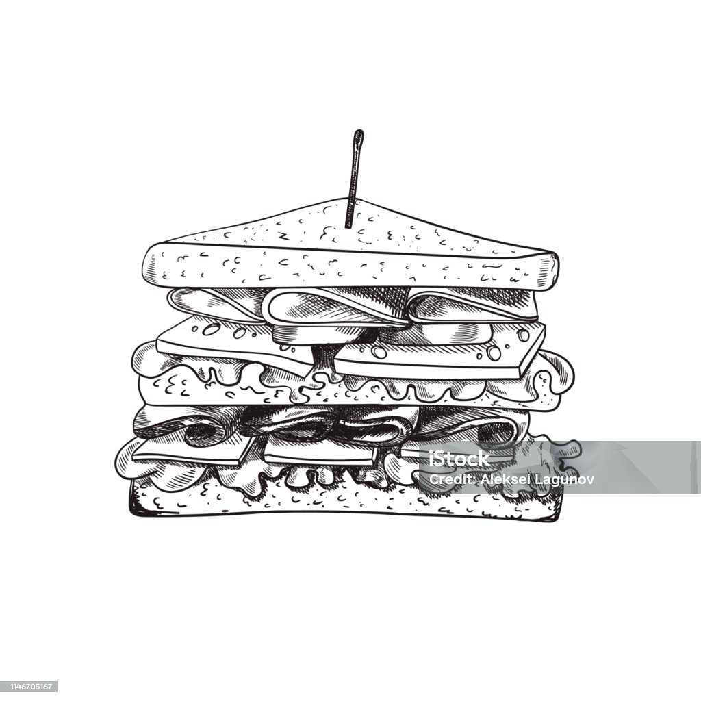 Vector Hand Drawn Sandwich with a Teethpick, Doodle Freehand Drawing, Sketched Food. Vector Hand Drawn Sandwich with a Teethpick, Doodle Freehand Drawing, Isolated on White Background Food. Black And White stock vector