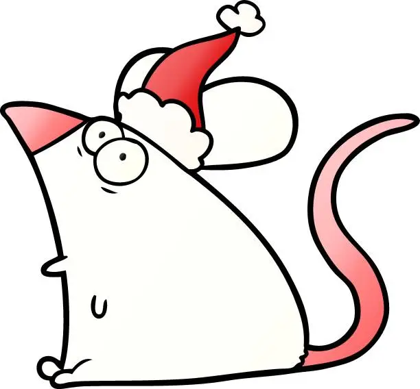 Vector illustration of gradient cartoon of a frightened mouse wearing santa hat
