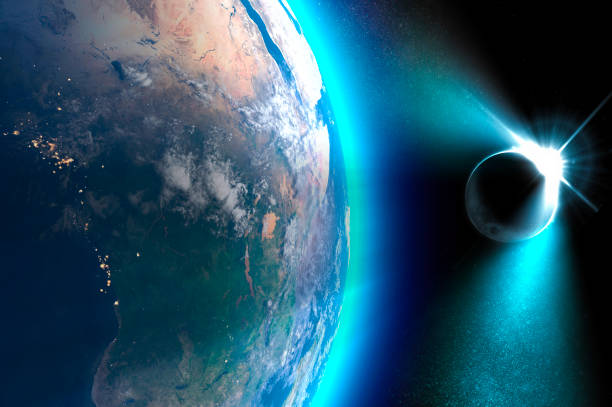 istock Satellite view of the Earth during a solar eclipse. It occurs when an observer on Earth passes through the shadow cast by the Moon which fully or partially blocks the Sun 1146705346