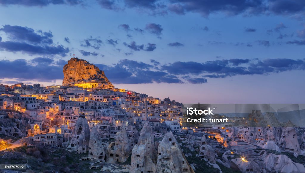 Townscape of Uchisar, Cappadocia, Turkey Uçhisar is a settlement in Cappadocia, in Nevşehir Province, Turkey. Cappadocia Stock Photo