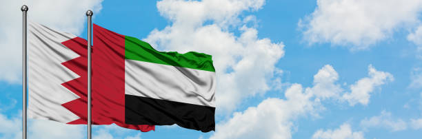 bahreïn et les émirats arabes unis drapeau ondulant dans le vent contre le ciel bleu nuageux blanc ensemble. concept de diplomatie, relations internationales. - flag of the united arab emirates photos et images de collection