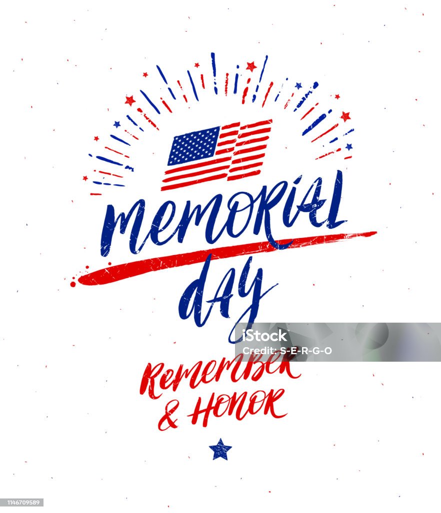 Memorial day vector illustration. Handwritten lettering and fireworks burst. Design for poster, greeting card, banners or t-shirt print. US Memorial Day stock vector
