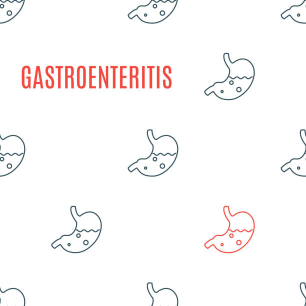 gastroenteritis ikona żołądka wzorzysty plakat na białym - norovirus diarrhea gastroenteritis virus stock illustrations