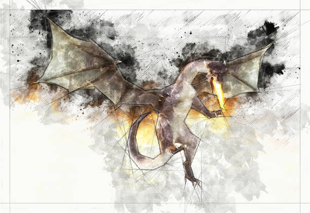 illustrations, cliparts, dessins animés et icônes de croquis artistique numérique d’un dragon - fire illustration and painting dragon art