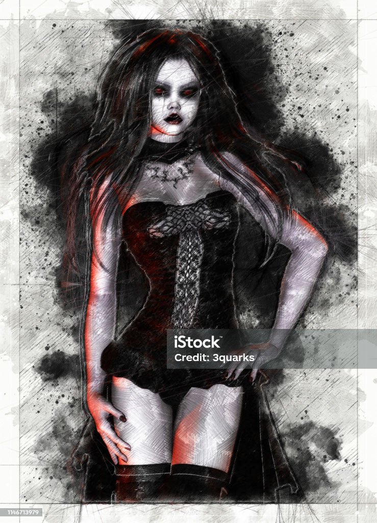 Digital artistic Sketch of a Fantasy Female Digital artistic Sketch, based on a self-created 3D Illustration of a Fantasy Female, Model-Release or Property Release not required. Goth stock illustration