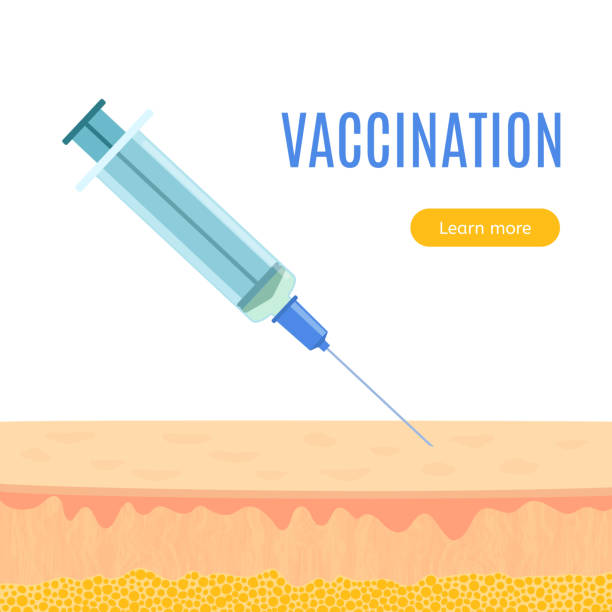 Vaccine injection poster with a syringe a skin surface Vaccination concept aiming to raise awareness. Medical syringe with a needle for rabies, polio, measles, tetanus vaccine. Flu shot and immunization concept. Vector illustration. measles illustrations stock illustrations