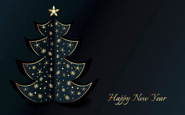 istock Dark paper Christmas tree with golden snowflakes on black background. 1146717665